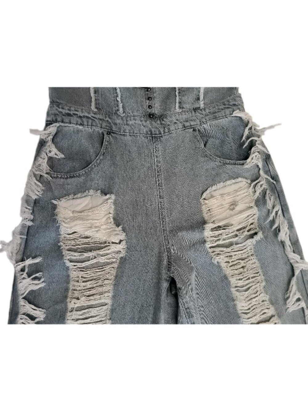 Fashion Nova Distressed Grey Denim Jumpsuit with Stud Details - Picture 5 of 16